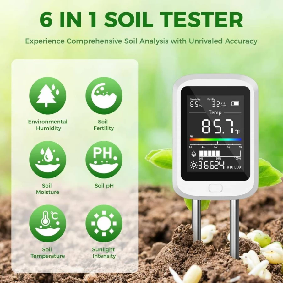 TERRU 6-in-1 Digital Soil Test Kit with pH, Temperature, Sunlight, Moisture, Fertility Meter & LCD Display for Indoor/Outdoor Plants (2025 Rechargeable)