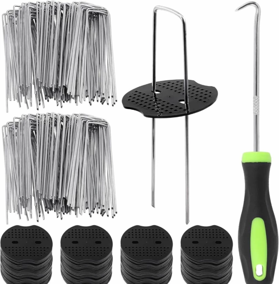 Glarks 201-Piece Garden Stakes Kit: 100 U-Shaped Landscape Staples, 100 Fixing Gaskets, and Pick Hook for Weed Barrier Fabric, Ground Cover, Fence, and Artificial Turf