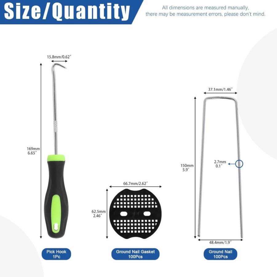 Glarks 201-Piece Garden Stakes Kit: 100 U-Shaped Landscape Staples, 100 Fixing Gaskets, and Pick Hook for Weed Barrier Fabric, Ground Cover, Fence, and Artificial Turf