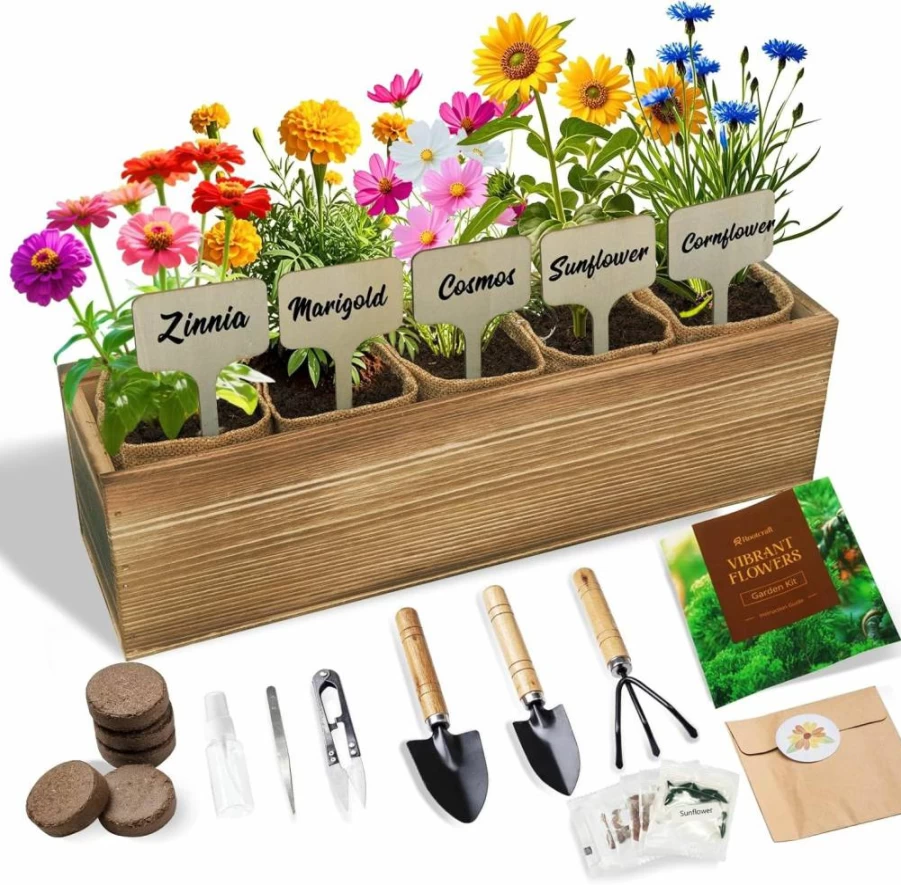 ROOTCRAFT 10 Herb Indoor Garden Kit - 44Pcs Complete Starter Set with Burlap Pots, Soil Discs, Markers & Tools, Unique Gardening Gift for Women, Mom, Easter, Birthday, Christmas