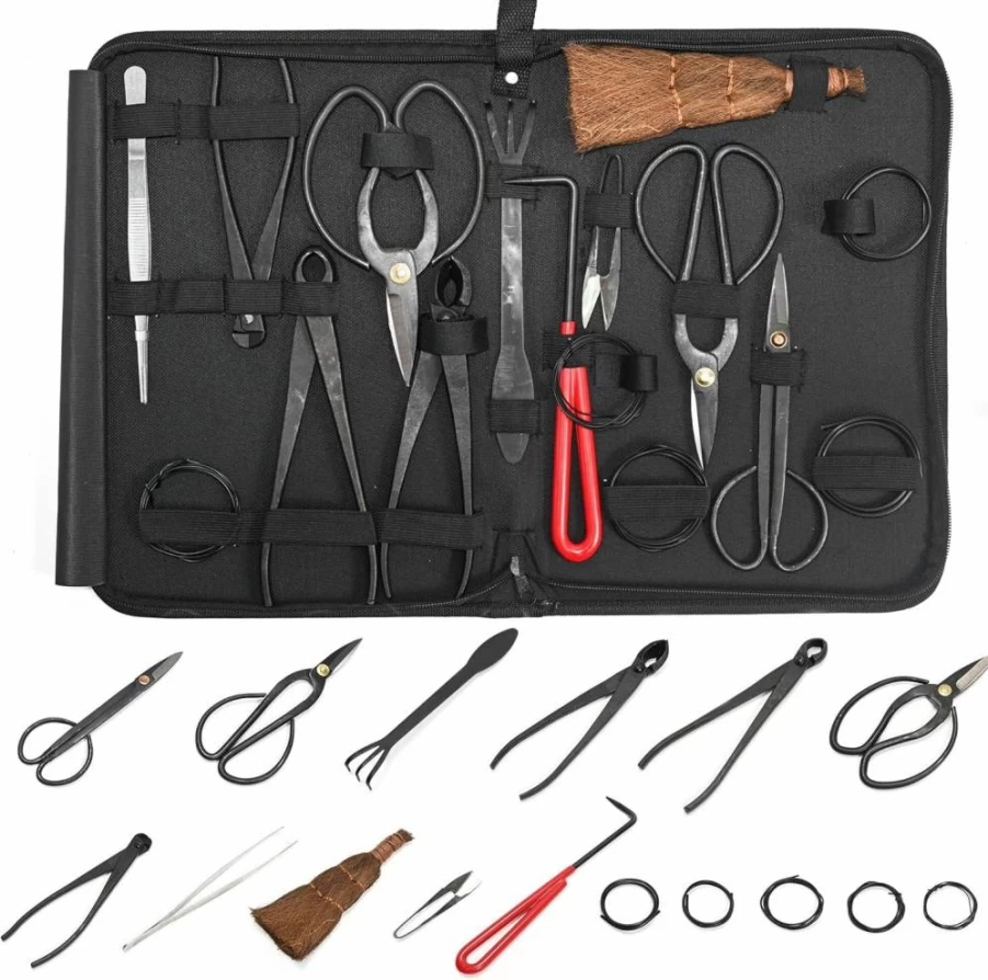 Mefape 15-Piece Bonsai Tool Kit with Carbon Steel Scissors, Pruning Shears, Rake & Spatula – Complete Starter Set for Trimming and Gardening