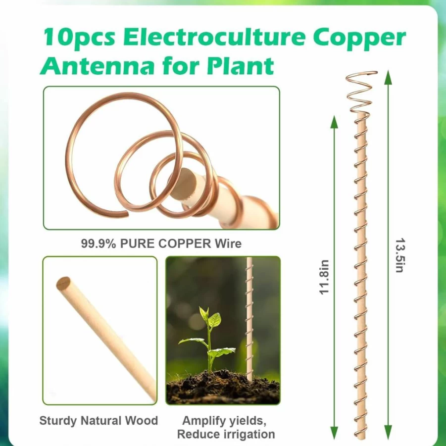 Doksving 10Pcs Electroculture Copper Coil Antenna Garden Stakes, 13.5” & 17” Copper Rods Plant Support for Vegetable Growth, Tensor Ring Kit