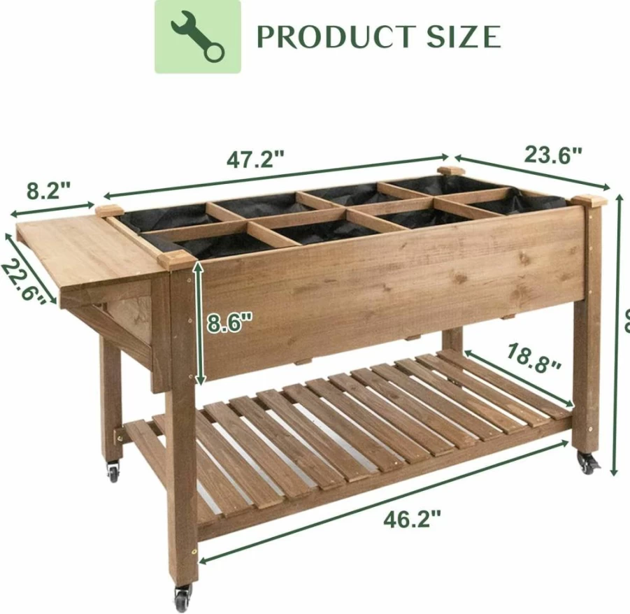 Magazoopet Elevated Raised Garden Bed with Wheels - 55x24x33 Inch Lockable Mobile Wood Planter Box for Vegetables, Flowers, Herbs - Outdoor Patio Balcony Planter with Drainage Holes & Storage Shelf - Brown Gardening Gift