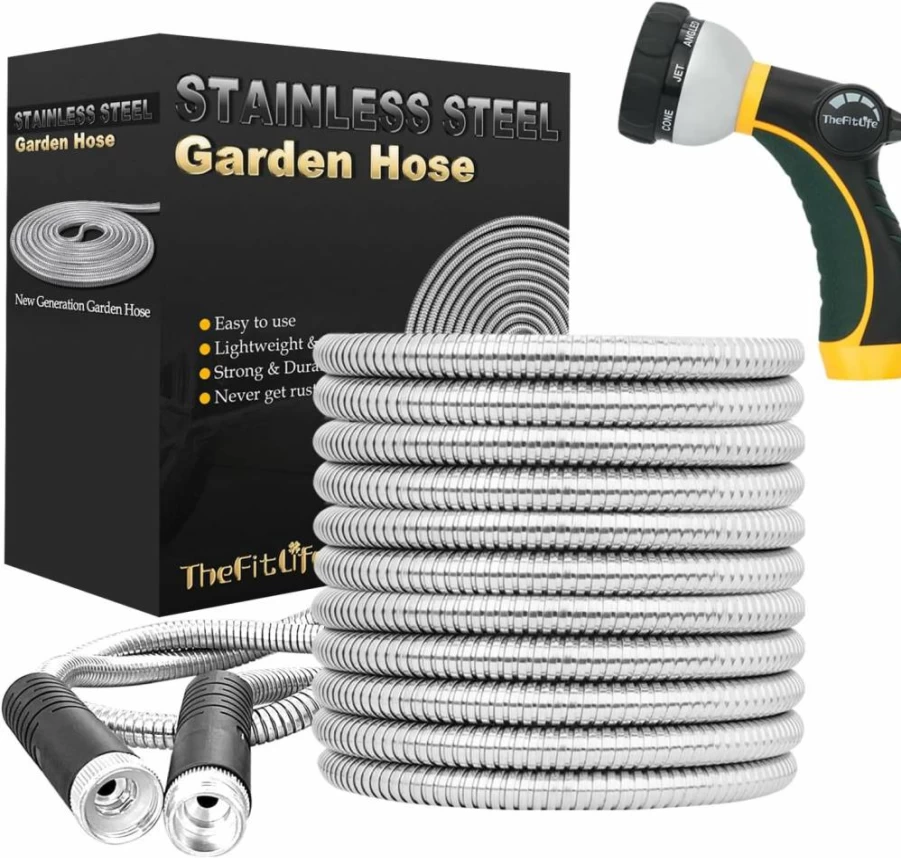TheFitLife 75ft Stainless Steel Garden Hose - Lightweight, Kink-Free, Leak-Proof Flexible Metal Hose with Durable Fittings & Spray Nozzle for Easy Storage