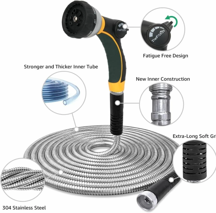 TheFitLife 75ft Stainless Steel Garden Hose - Lightweight, Kink-Free, Leak-Proof Flexible Metal Hose with Durable Fittings & Spray Nozzle for Easy Storage