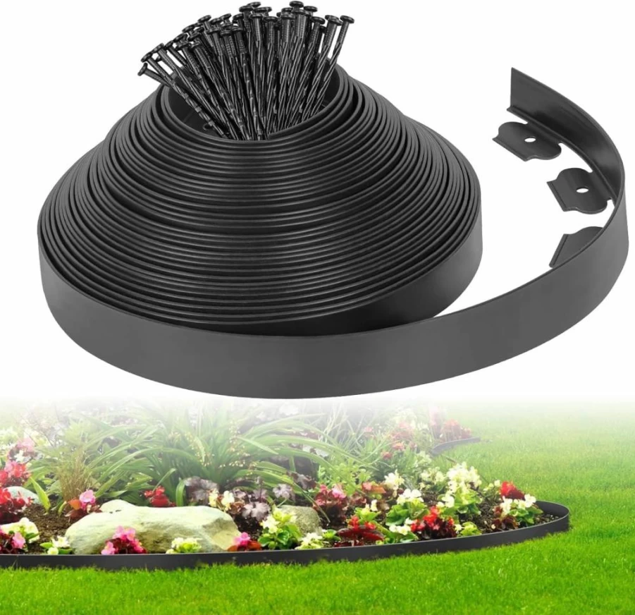 FunFanso 2-Inch x 66 Ft Black Plastic Landscape Edging Border Kit with 100 Anchoring Spikes for Garden, Flower Beds, Lawn, Yard, and Pathway