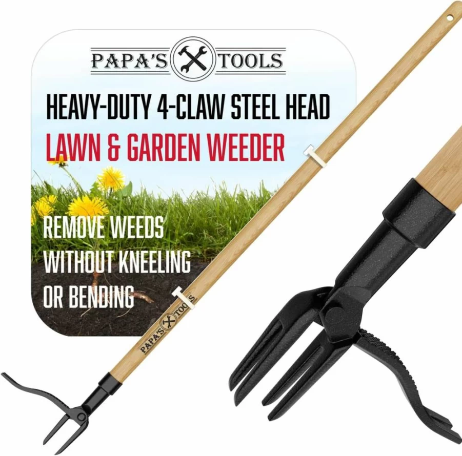 MELISSA AND HARRY 44" Bamboo Handle Weed Puller Tool with 4-Claw Steel Head & Dual Eject Tech - Stand Up Garden Weeder for Men & Women - Durable Yard Weeding Remover for Easy Gardening