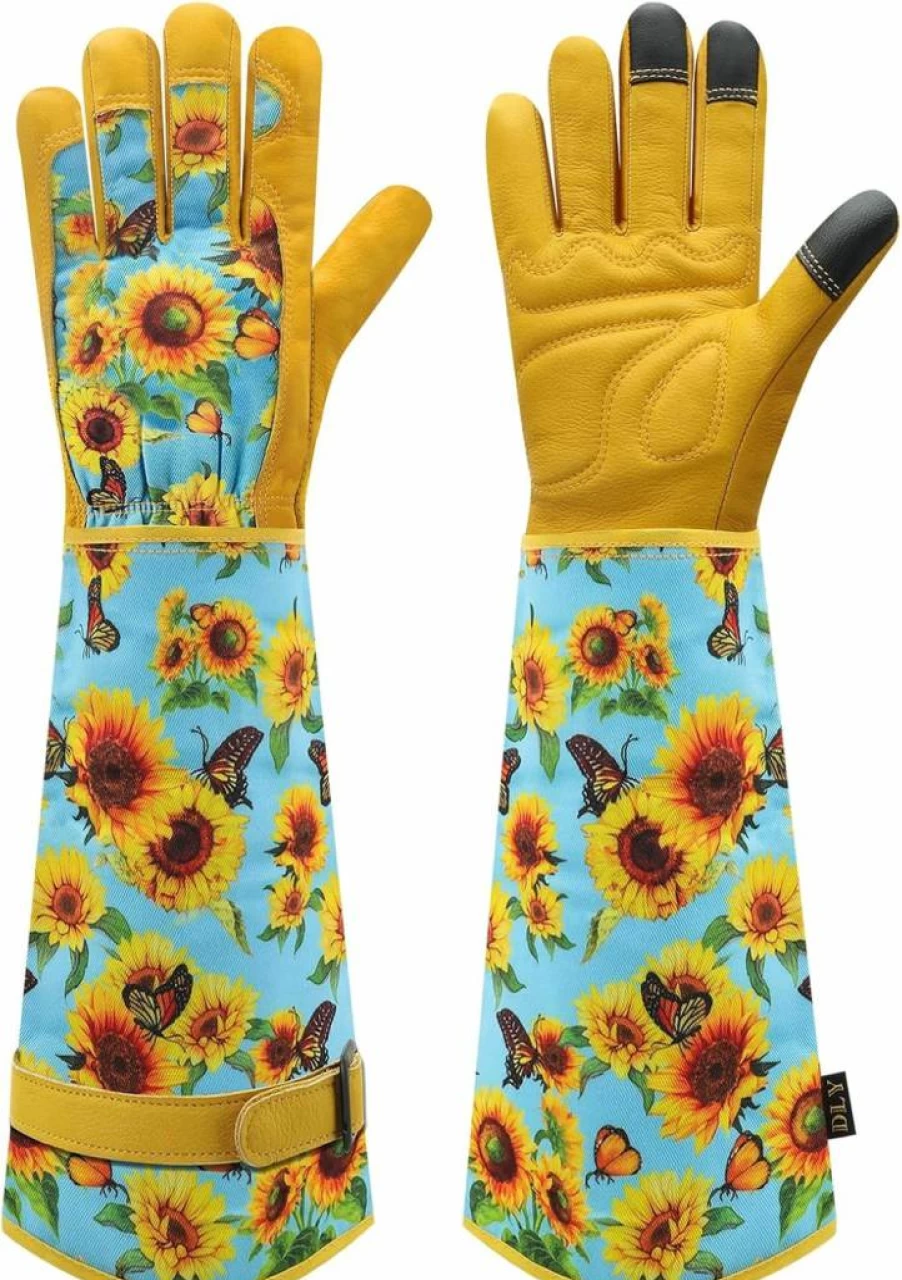 DLY Women's Breathable Cowhide Leather Gardening Gloves - Thorn Proof, Long Gauntlet, Medium Size, Blue Rose Design