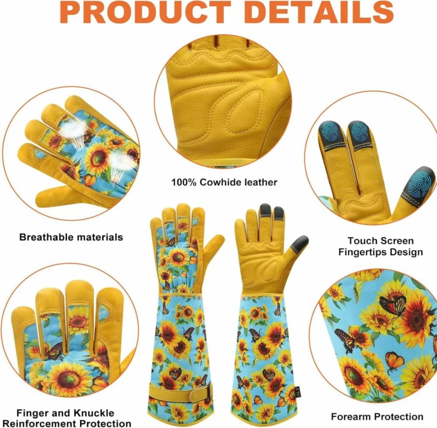 DLY Women's Breathable Cowhide Leather Gardening Gloves - Thorn Proof, Long Gauntlet, Medium Size, Blue Rose Design