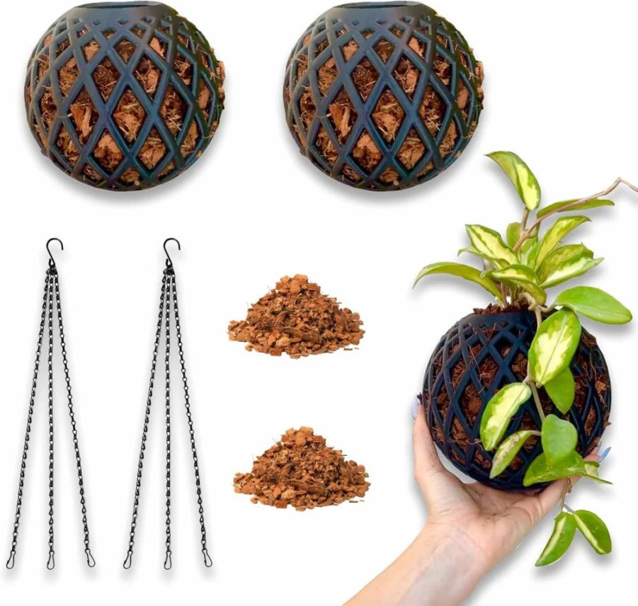 Beyond Beleaf 2 Pack Medium Kokedama Hanging Ball Kit with Chains - Air Plants & Orchids Indoor Garden Set Includes Coco Chip Growing Media - Black Decorative Planter for Home Decor