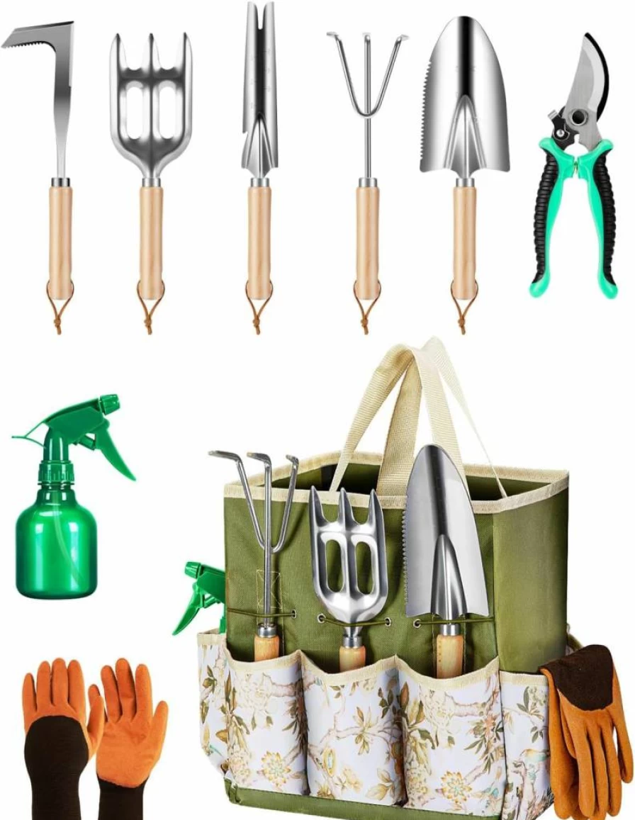 Wevelel 9-Piece Gardening Tool Set for Women - Stainless Steel Heavy Duty Tools with Fashion Tote Bag, Rust-Proof Outdoor Garden Kit, Ideal Gift for Mom, Mother's Day & Birthday (Green)
