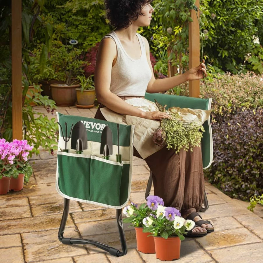 VEVOR Heavy Duty Folding Garden Kneeler and Seat with 8" Wide EVA Foam Pad, Portable Gardening Stool with Tool Pockets, Knee and Back Support for Seniors, Women, Parents - Ideal Gardening Gift
