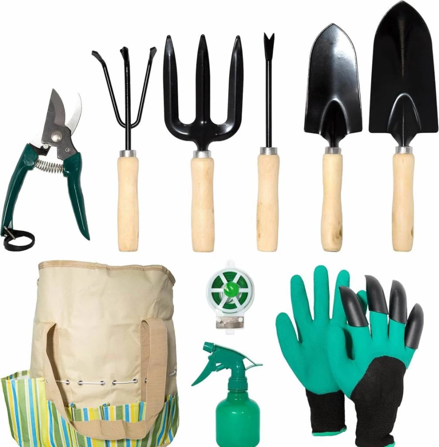 Lyndeluxe 10-Piece Heavy Duty Gardening Tools Set with Storage Organizer – Ergonomic Shovel, Rake, Fork, Weeder, Pruner, Sprayer, Gloves & Plant Rope for Outdoor Planting