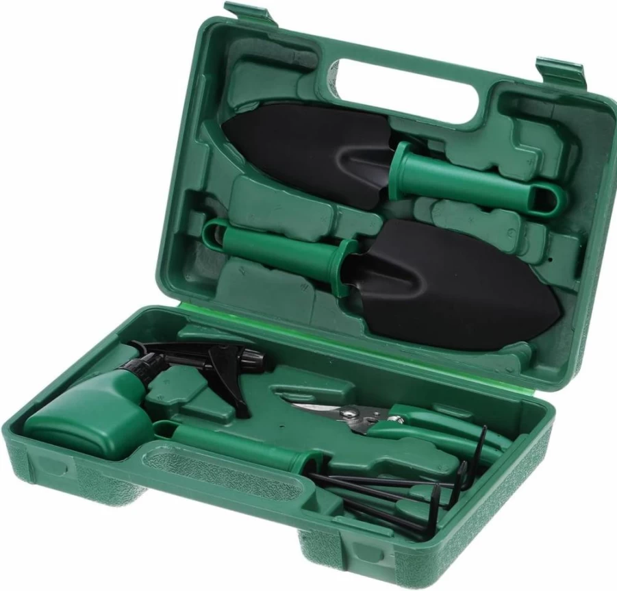 HARFINGTON 5-Piece Garden Tool Set with Shovel, Rake, Scissors, Sprayer & Storage Case - Durable Plastic Gardening Kit in Dark Green