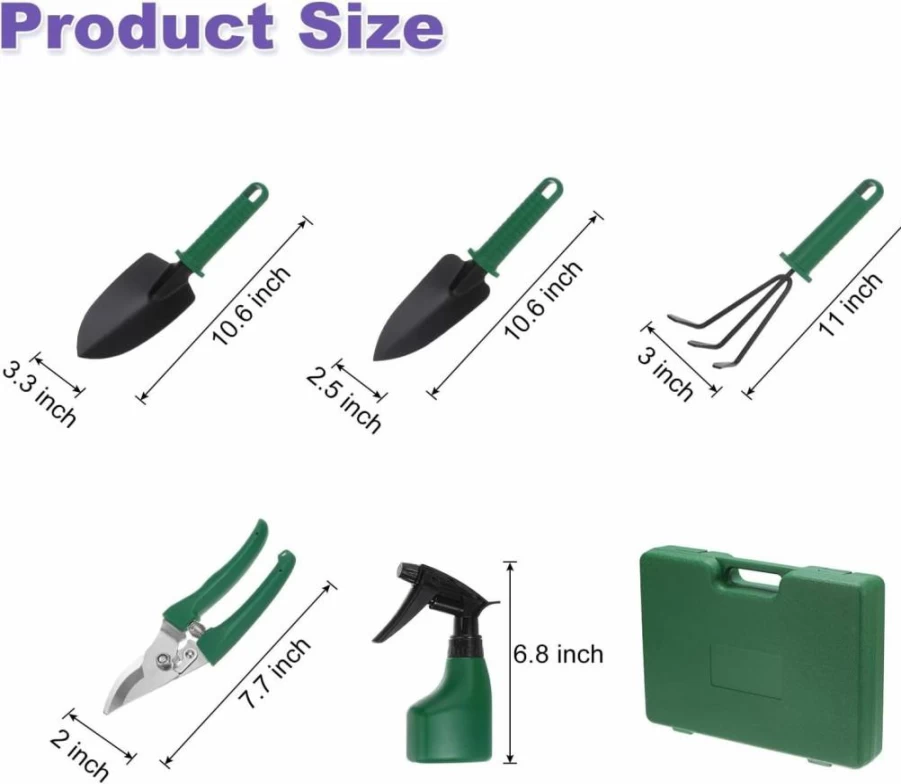 HARFINGTON 5-Piece Garden Tool Set with Shovel, Rake, Scissors, Sprayer & Storage Case - Durable Plastic Gardening Kit in Dark Green