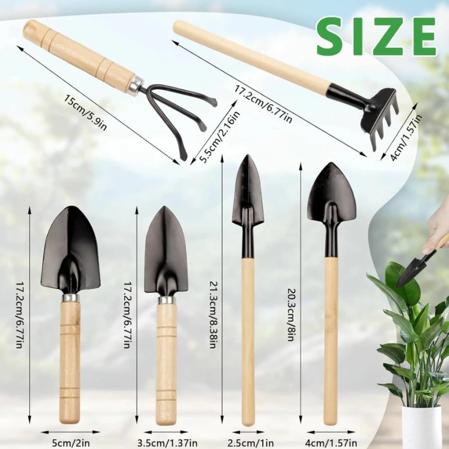 KoMvzyl 6-Piece Mini Garden Tool Set - Wood Handle Shovel, Succulent & Potted Plant Care Kit for Indoor Gardening, Repotting, and Transplanting Accessories
