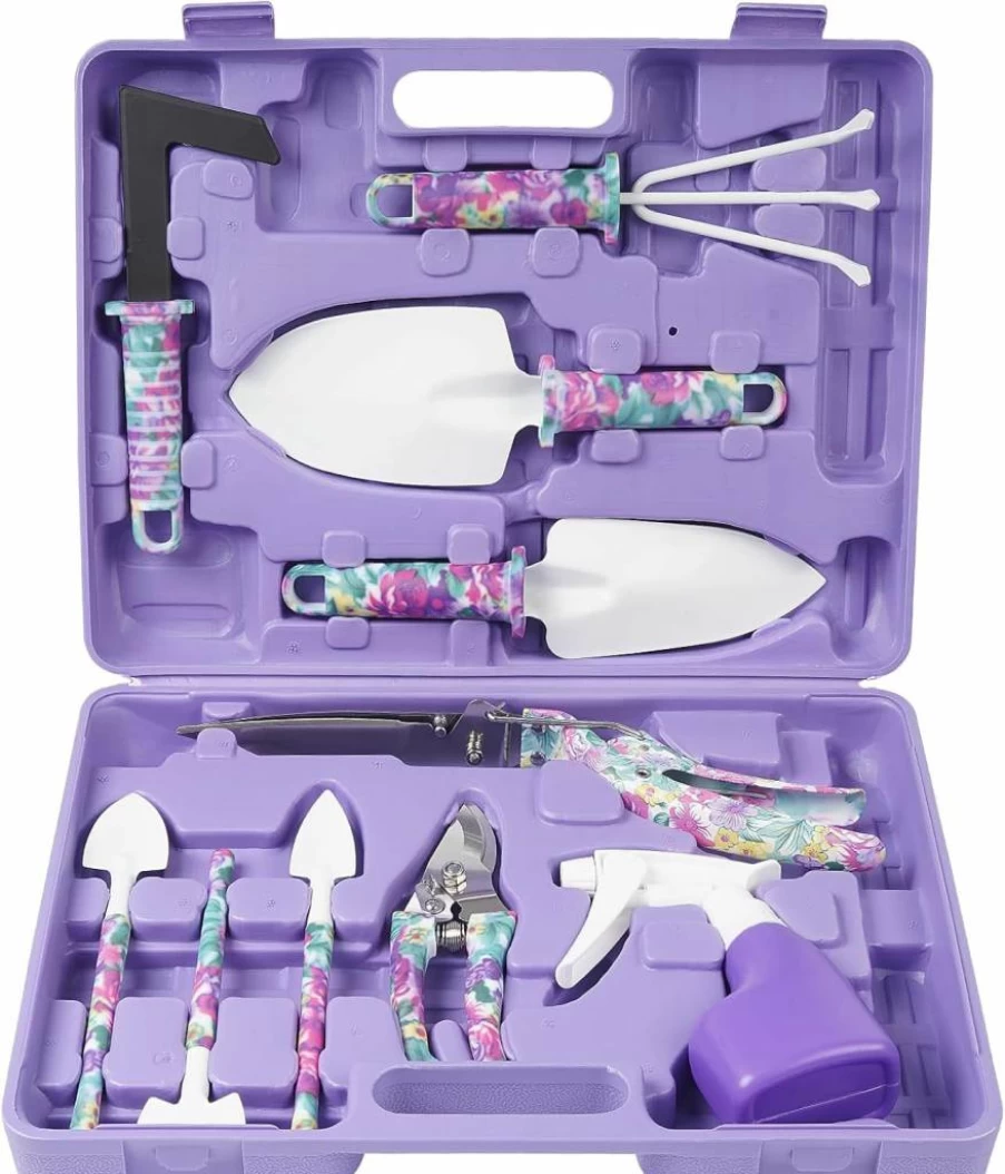 LEKEONE 5-Piece Floral Print Garden Tools Set with Ergonomic Handle - Trowel, Rake, Weeder, Pruner, Shears, Sprayer & Carrying Case - Ideal Gardening Gifts for Women