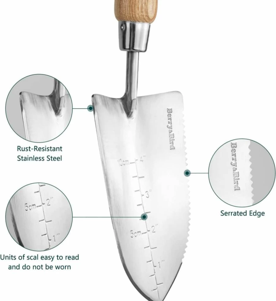 Berry&Bird Stainless Steel Garden Trowel with Long Wood Handle - 23.43 Inch Digging Shovel for Planting, Weeding & Transplanting