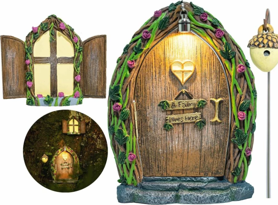 Tree Poetry Enchanted Fairy Door with LED Light – Outdoor Fairy House Kit for Garden, Tree Decor, and Magical Fairy Garden Accessories