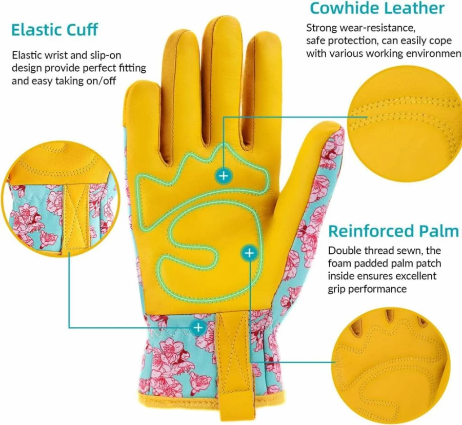 WANCHI Women's Cowhide Leather Gardening Gloves - Durable Yard Work & Outdoor Garden Gloves, Perfect Gardener Gift