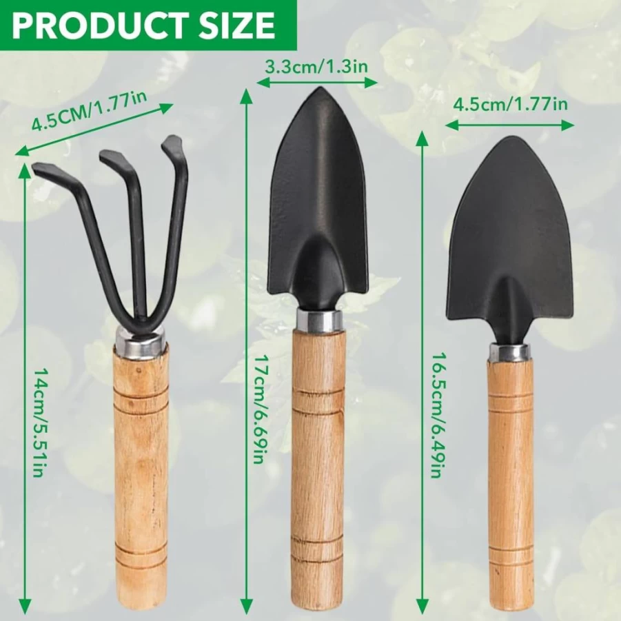 Rukinovi 3-Piece Mini Gardening Tools Set for Succulents, Indoor Plants, and Potted Gardening - Hand Shovel, Rake, Fork Kit for Seedlings and Home Garden Accessories