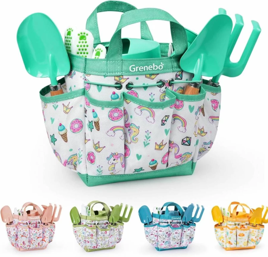 Grenebo Kids Gardening Kit - 12-Piece Garden Tool Set for Toddlers with Shovels, Rake, Watering Can, Gloves, Apron & Storage Bag - Outdoor Educational Toys for Children (Pink)