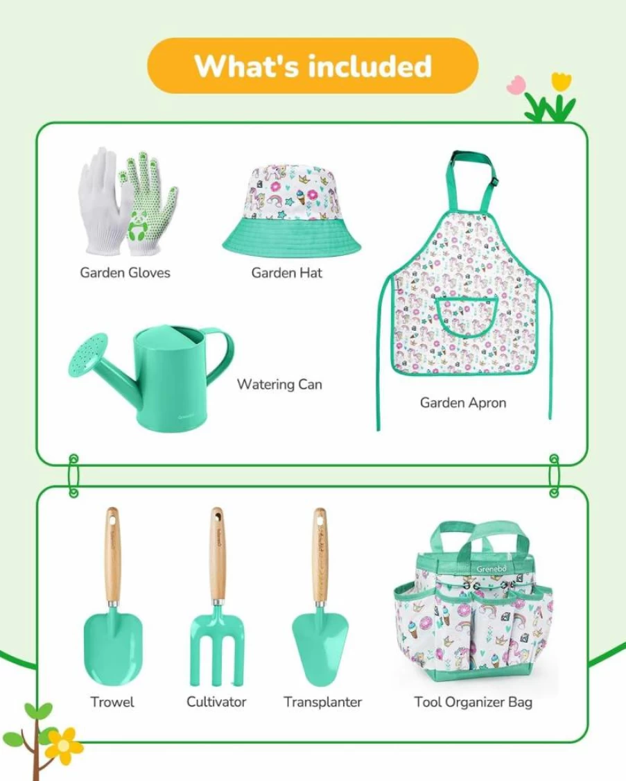 Grenebo Kids Gardening Kit - 12-Piece Garden Tool Set for Toddlers with Shovels, Rake, Watering Can, Gloves, Apron & Storage Bag - Outdoor Educational Toys for Children (Pink)