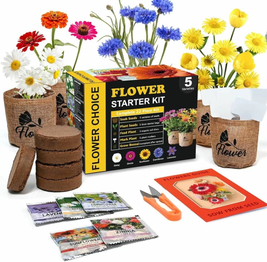 Meekear Indoor Daisy Garden Starter Kit with Jute Bags, Plant Markers, Soil Disks & Shears - Complete Home Gardening Gift Set for Women, Men & Plant Lovers