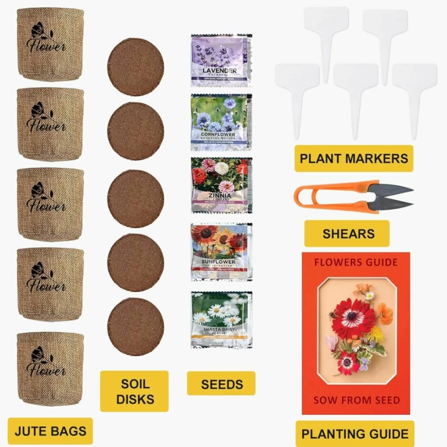 Meekear Indoor Daisy Garden Starter Kit with Jute Bags, Plant Markers, Soil Disks & Shears - Complete Home Gardening Gift Set for Women, Men & Plant Lovers