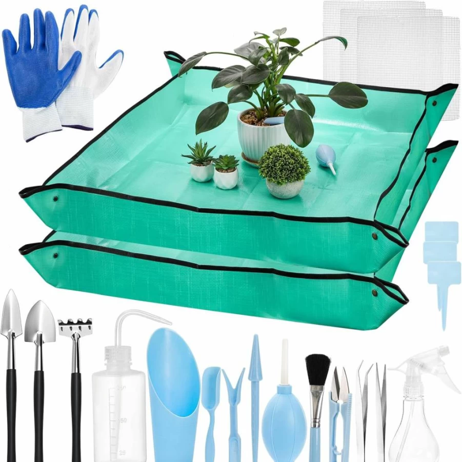 TOPZEA 23-Piece Succulent Tool Kit with 2 Repotting Mats, 39.4" Gardening Tools for Indoor Plants, Bonsai & Mini Garden Care, Complete Transplanting Supplies Set