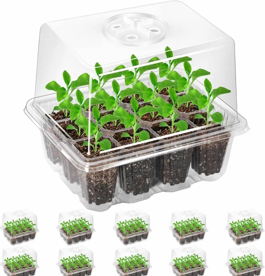 Bonviee 5-Pack Seed Starter Kit with 12 LED Grow Lights, Adjustable Humidity Domes & Clear Trays for Indoor Plants - Full Spectrum Elevated Seedling Tray Set