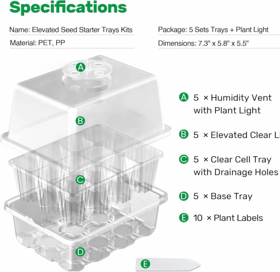 Bonviee 5-Pack Seed Starter Kit with 12 LED Grow Lights, Adjustable Humidity Domes & Clear Trays for Indoor Plants - Full Spectrum Elevated Seedling Tray Set