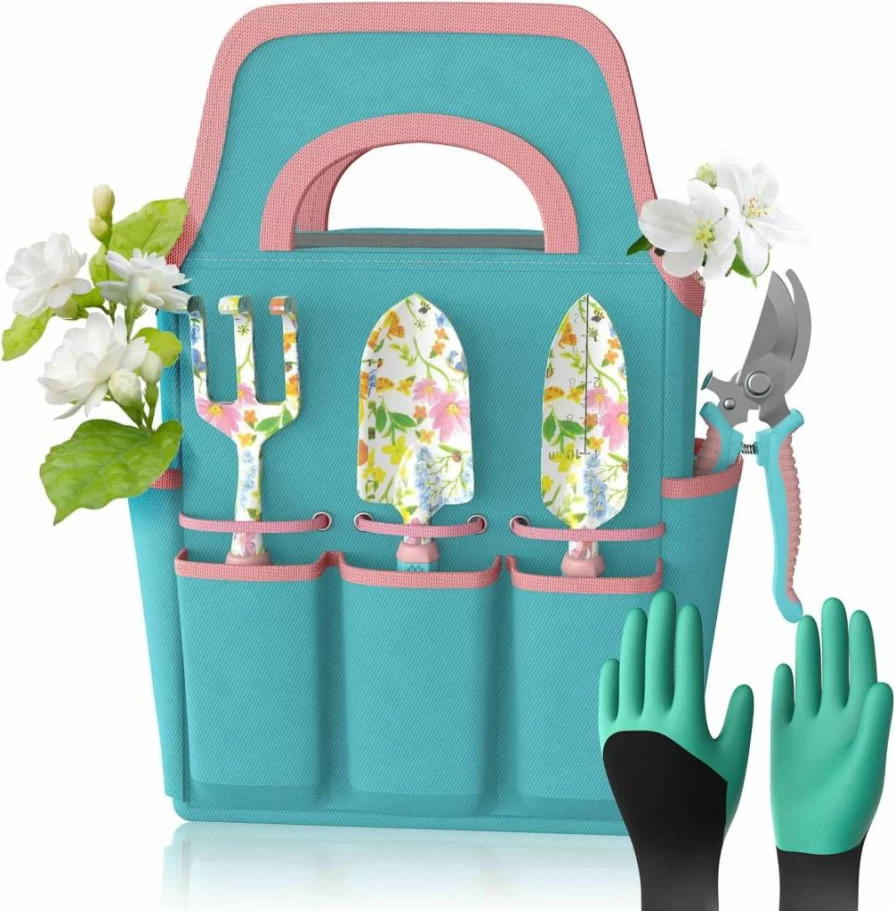 MQHUAYU 6-Piece Heavy Duty Aluminum Alloy Gardening Tool Set with Ergonomic Handle & Flower Print Storage Bag - Outdoor Garden Starter Kit for Planting, Ideal Gardening Gifts