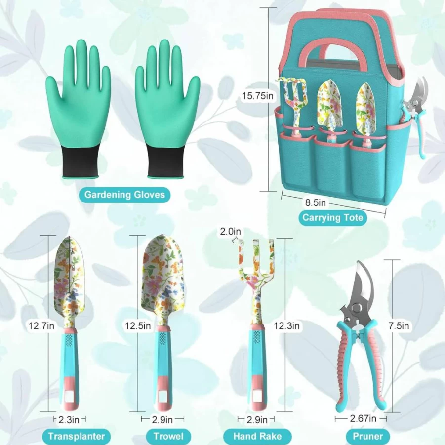 MQHUAYU 6-Piece Heavy Duty Aluminum Alloy Gardening Tool Set with Ergonomic Handle & Flower Print Storage Bag - Outdoor Garden Starter Kit for Planting, Ideal Gardening Gifts