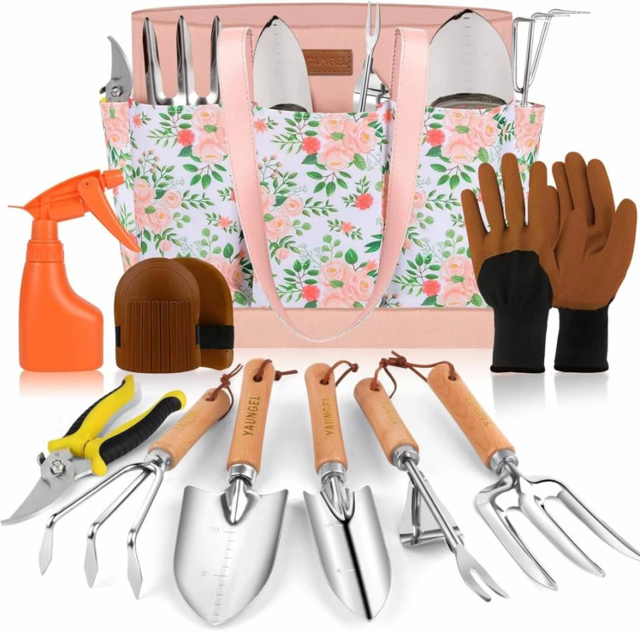 YAUNGEL 10-Piece Heavy Duty Stainless Steel Garden Tool Set with Wooden Handle & Storage Tote Bag - Gardening Gifts for Men and Women