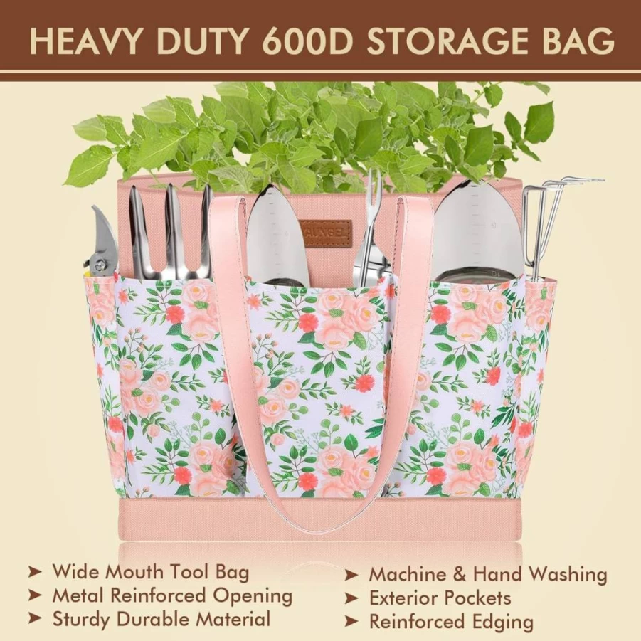 YAUNGEL 10-Piece Heavy Duty Stainless Steel Garden Tool Set with Wooden Handle & Storage Tote Bag - Gardening Gifts for Men and Women