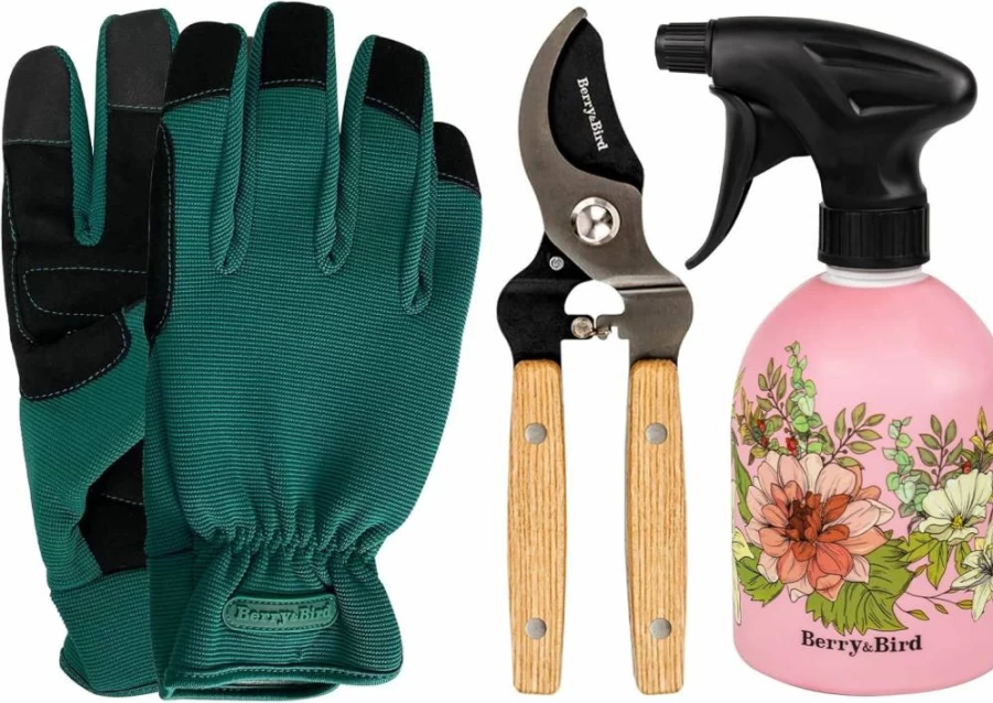 Berry&Bird 3-Piece Rose Gardening Tool Set with Thorn Proof Gloves, Pruning Shears & 17oz Pink Spray Bottle for Planting, Pruning Roses & Bonsai Care