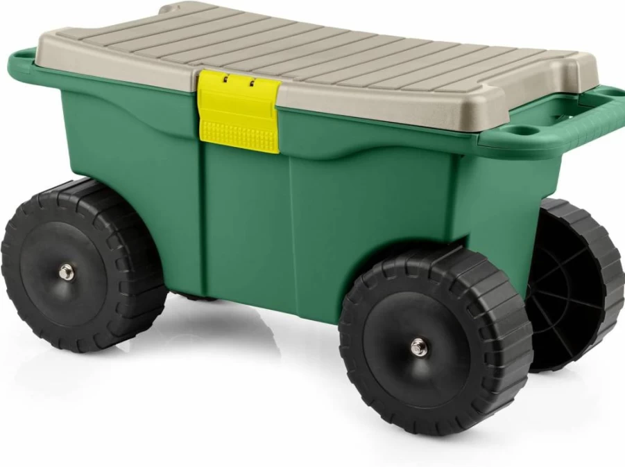 Pure Garden Rolling Garden Cart with Seat - Heavy Duty Gardening Stool with Storage, Tool Tray for Weeding and Planting - Green Outdoor Utility Cart