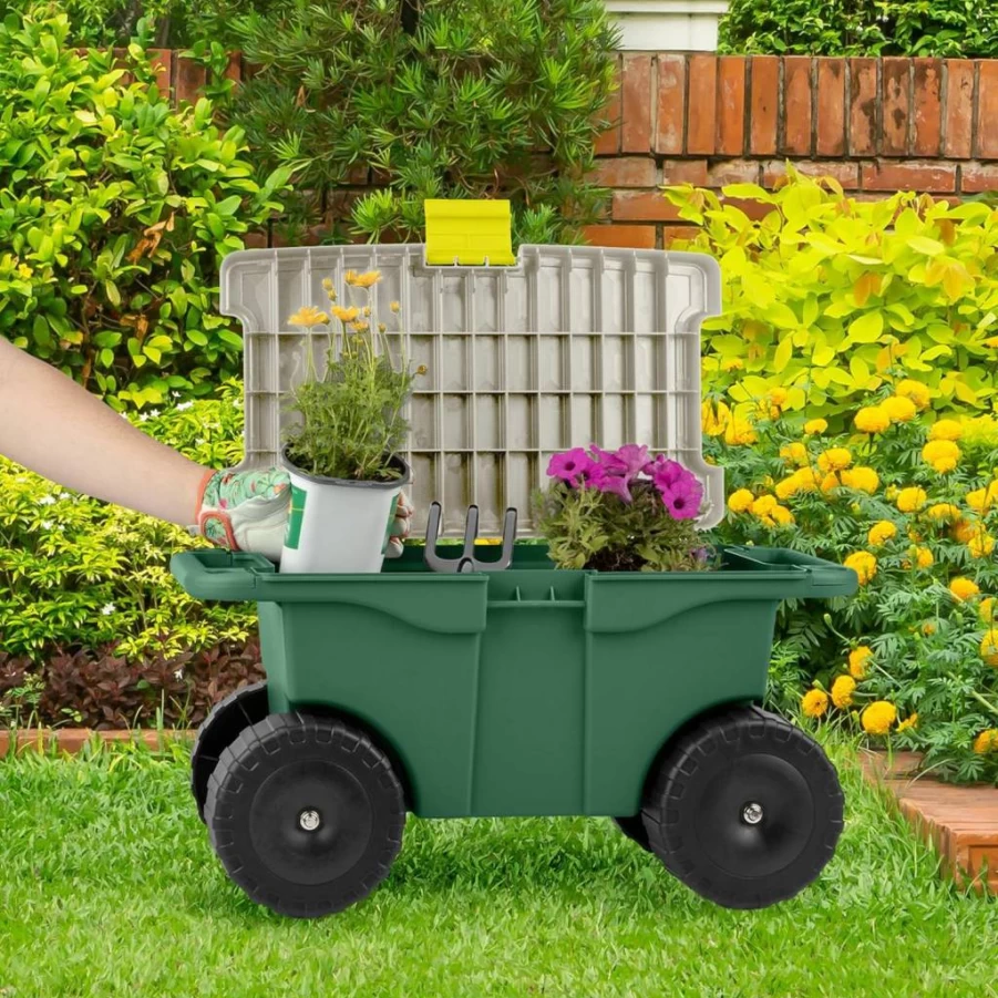 Pure Garden Rolling Garden Cart with Seat - Heavy Duty Gardening Stool with Storage, Tool Tray for Weeding and Planting - Green Outdoor Utility Cart