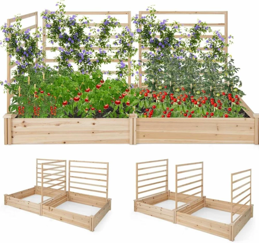 S AFSTAR 88" Wooden Raised Garden Bed Kit with 3 Trellis & 2 Planter Boxes for Vegetables, Flowers, Herbs, Climbing Plants - Outdoor Patio Gardening Solution