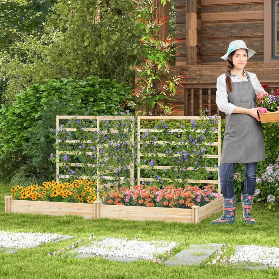 S AFSTAR 88" Wooden Raised Garden Bed Kit with 3 Trellis & 2 Planter Boxes for Vegetables, Flowers, Herbs, Climbing Plants - Outdoor Patio Gardening Solution