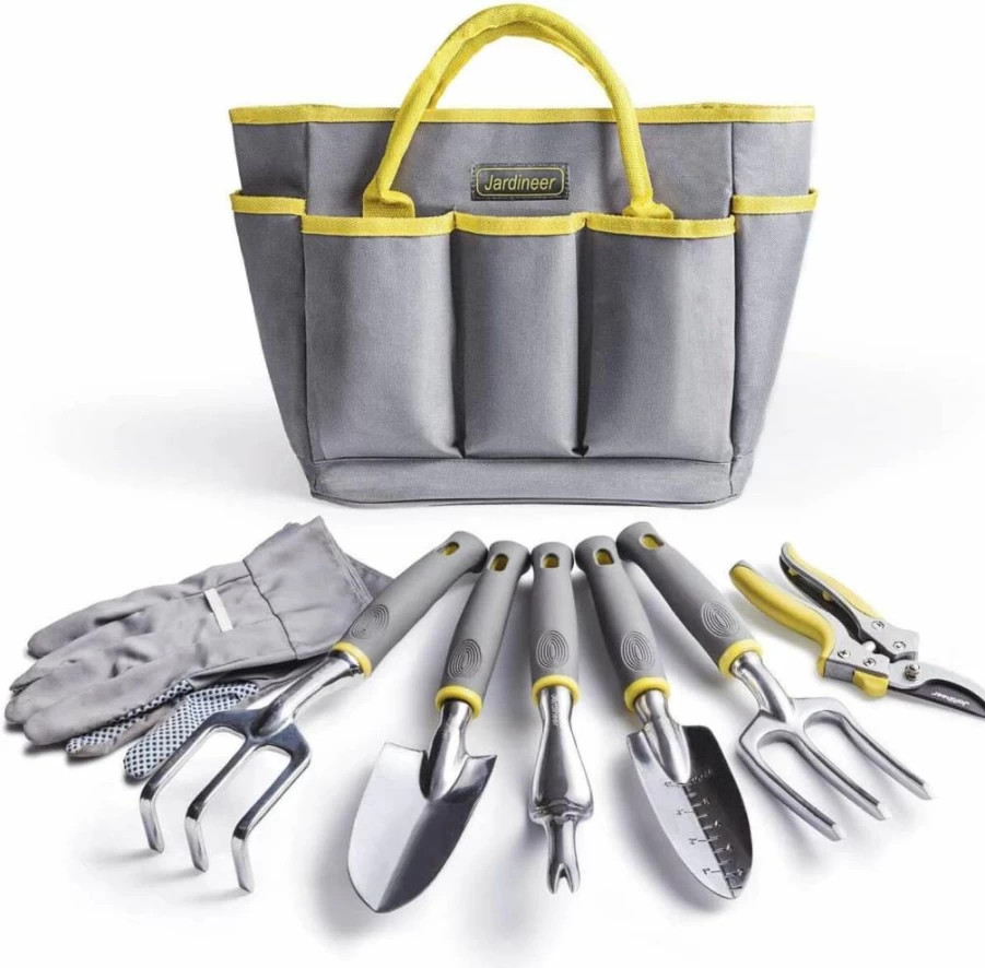 Jardineer 8Pcs Heavy Duty Gardening Tools Set with Stainless Steel Hand Tools, Durable Gloves & Storage Tote Bag - Ideal Outdoor Garden Gifts for Men & Women