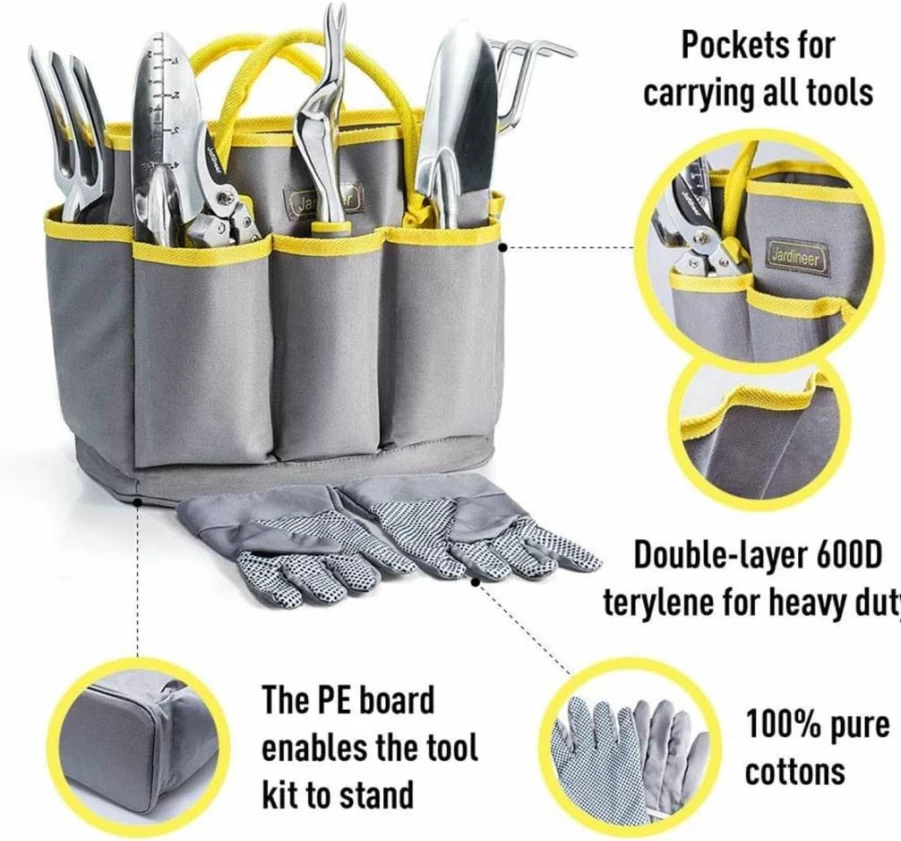 Jardineer 8Pcs Heavy Duty Gardening Tools Set with Stainless Steel Hand Tools, Durable Gloves & Storage Tote Bag - Ideal Outdoor Garden Gifts for Men & Women
