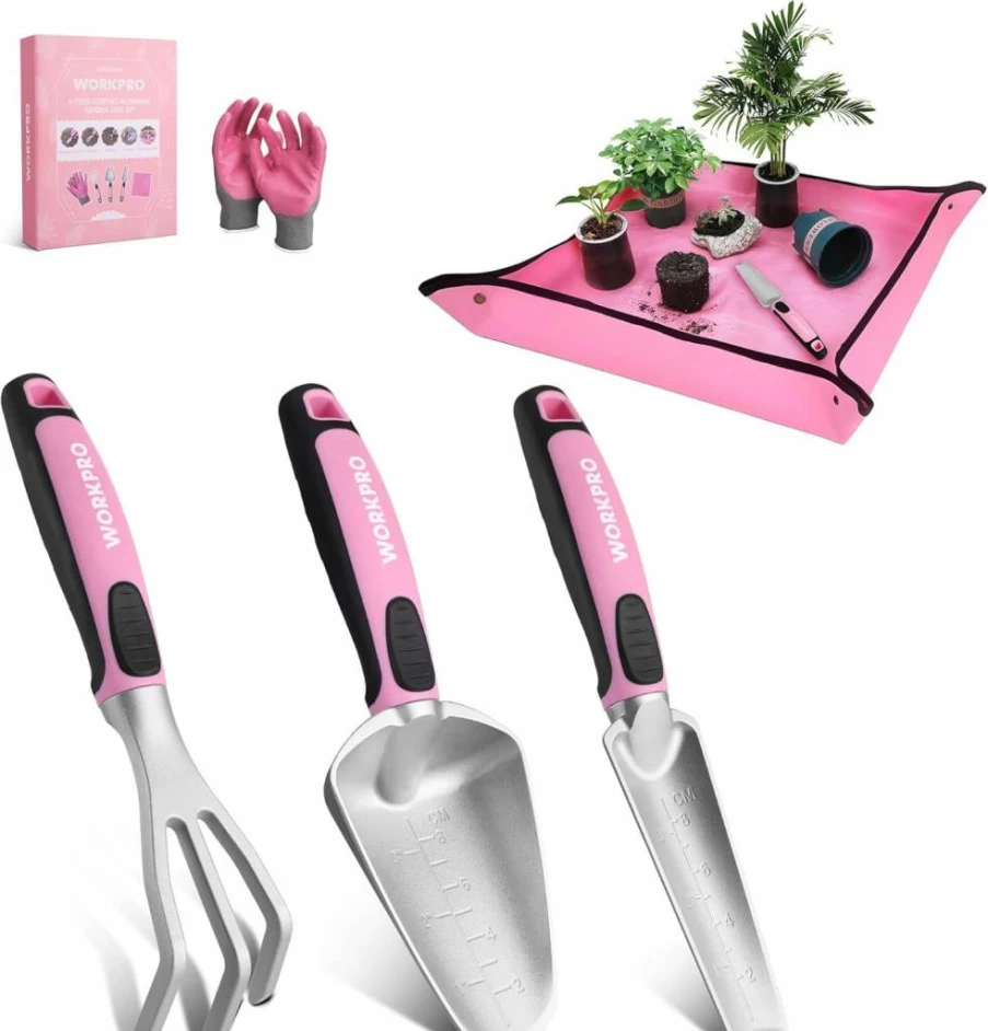 WORKPRO 5-Piece Pink Aluminum Gardening Tool Set with Repotting Mat - Compact, Durable, Ideal Outdoor Garden Gift