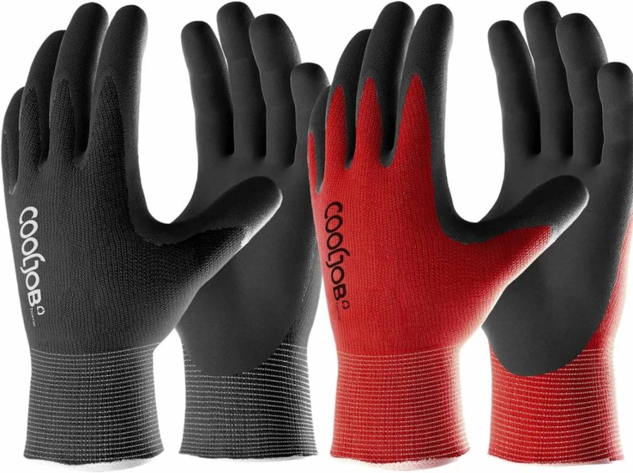 COOLJOB Men's Gardening Gloves 2-Pack, Breathable Rubber Coated for Weeding, Landscaping, Yard Work, Large Size, Durable Outdoor Gloves (Black & Red)