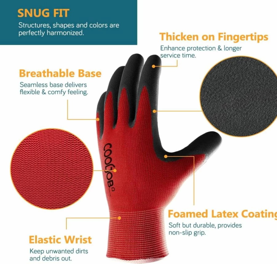 COOLJOB Men's Gardening Gloves 2-Pack, Breathable Rubber Coated for Weeding, Landscaping, Yard Work, Large Size, Durable Outdoor Gloves (Black & Red)