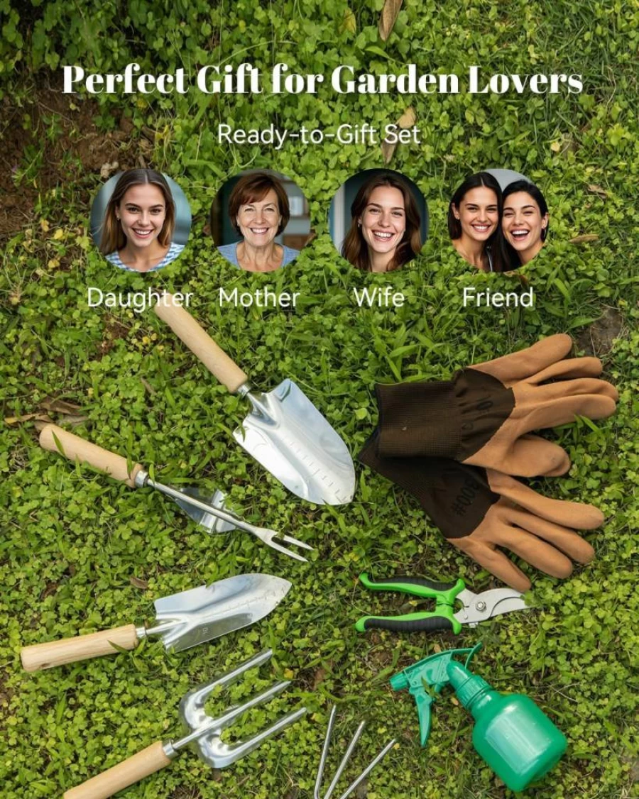VerdantVibes 9-Piece Heavy Duty Gardening Tool Set with Ergonomic Non-Slip Grips & Storage Bag - Rust-Resistant Shovel, Trowel, Rake, Pruner - Perfect Gift for Gardeners
