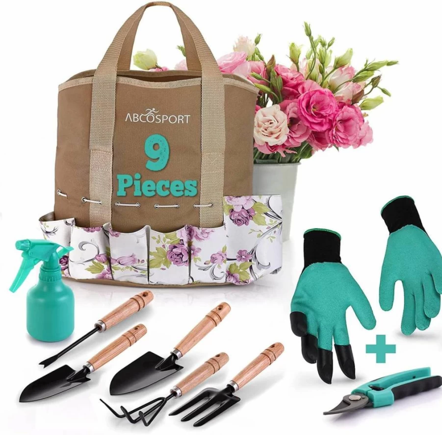 Abco Tech 9-Piece Garden Tools Set with Tote Bag, Ergonomic Wooden Handles, Heavy Duty Gloves & Cutter, Floral Design, Machine Washable, Ideal Gift for Gardening Enthusiasts