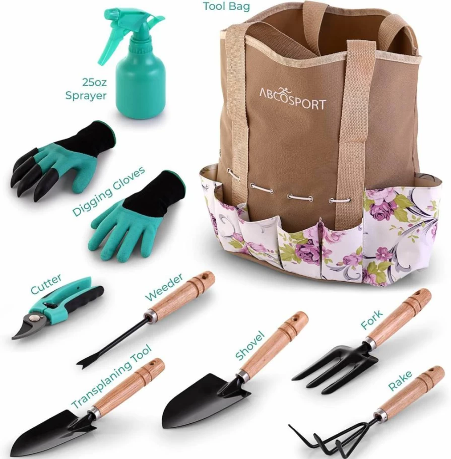 Abco Tech 9-Piece Garden Tools Set with Tote Bag, Ergonomic Wooden Handles, Heavy Duty Gloves & Cutter, Floral Design, Machine Washable, Ideal Gift for Gardening Enthusiasts