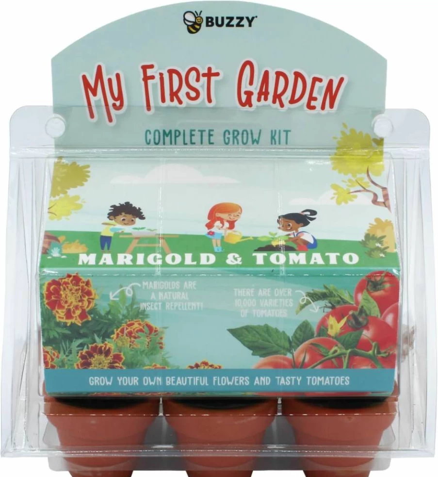 BUZZY Mini Greenhouse Kit - 6 Pot Seed Starter with Organic Cherry Tomato & Marigold Seeds for Kids & Adults | Indoor Gardening Guaranteed | Kids Gardening Gift